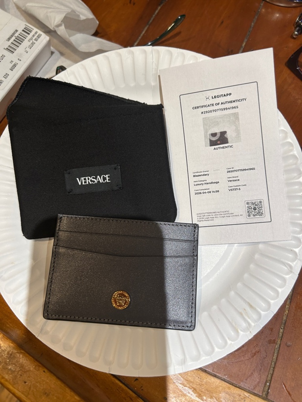 Versace Gray Leather Card Case with Gold Foil Logo